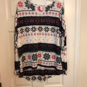 Cream, red and green snowflake high low sweater